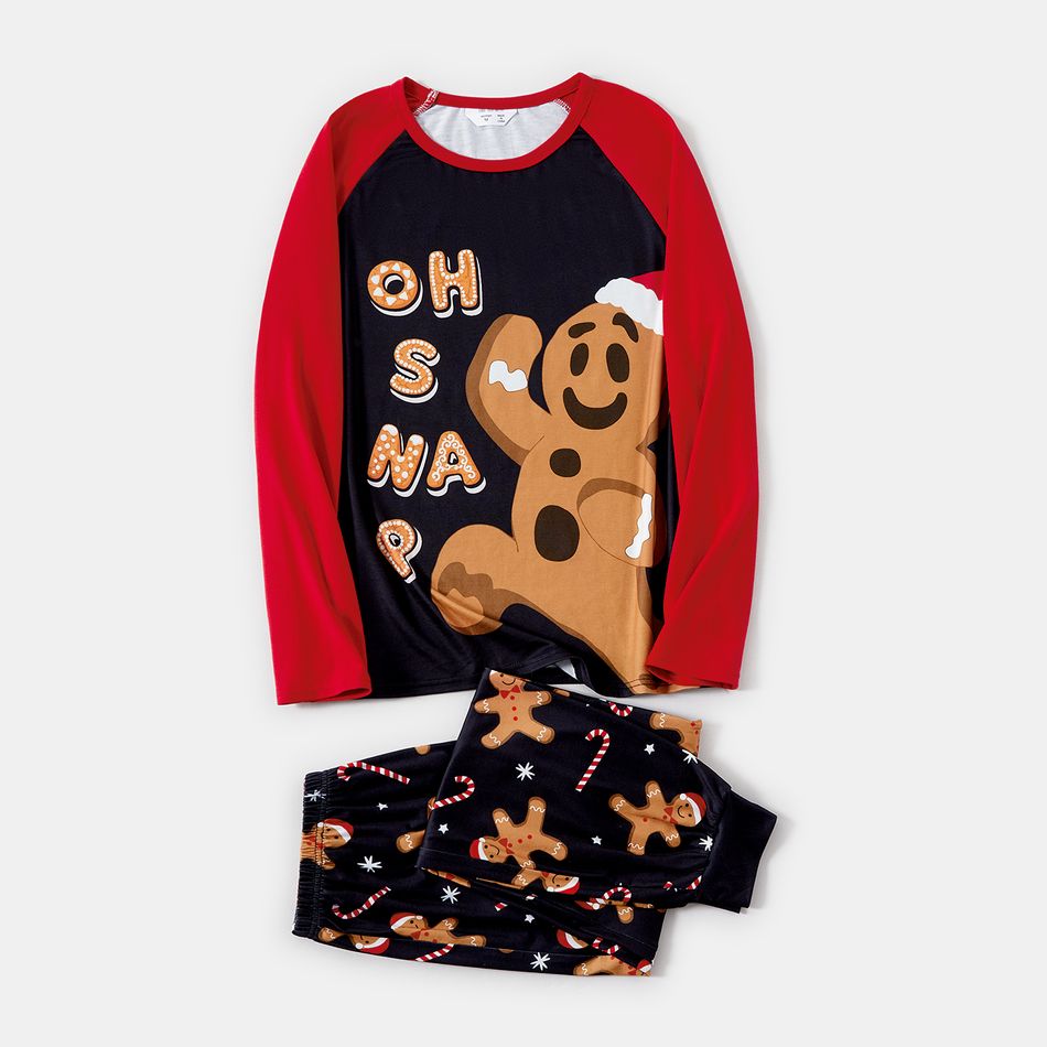 Christmas Family Matching Gingerbread Man & Letter Print Raglan-sleeve Pajamas Sets (Flame Resistant) Black big image 5