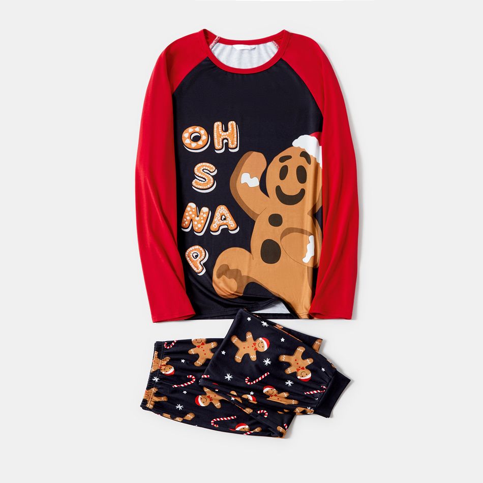 Christmas Family Matching Gingerbread Man & Letter Print Raglan-sleeve Pajamas Sets (Flame Resistant) Black big image 3