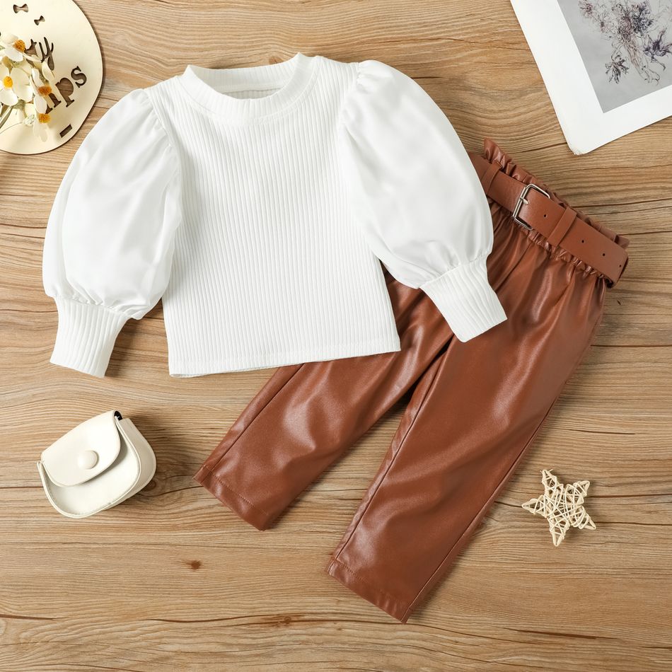 Toddler 2pcs Ribbed Solid Puff-sleeve Top and Leather Pants with Belt Set White