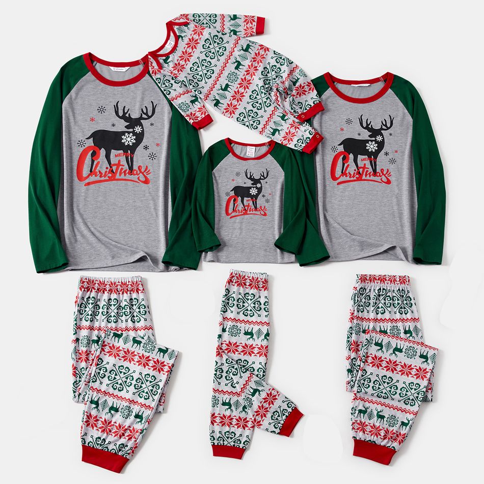 Christmas Family Matching Reindeer & Letter Print Green Raglan-sleeve Pajamas Sets (Flame Resistant) redblack