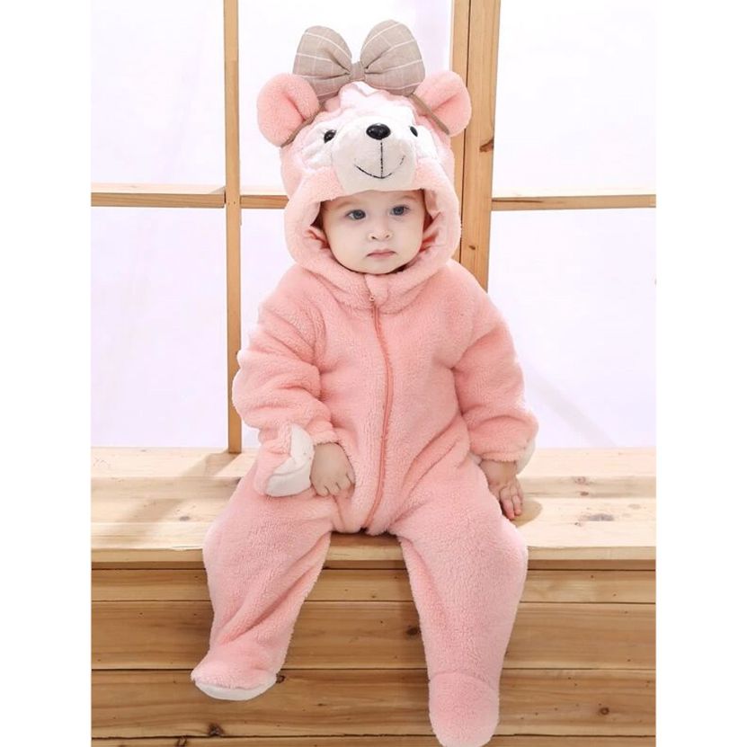 Baby Bear Design 3D Hooded Fluffy Long-sleeve Jumpsuit Pink