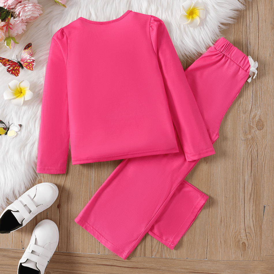 2pcs Kid Girl Faux-two Butterfly Print Long-sleeve Tee and Straight Pink Pants Set Hot Pink big image 5