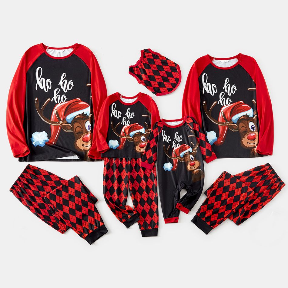 Christmas Family Matching Reindeer & Letter Print Red Raglan-sleeve Argyle Pattern Pajamas Sets (Flame Resistant) Black big image 1