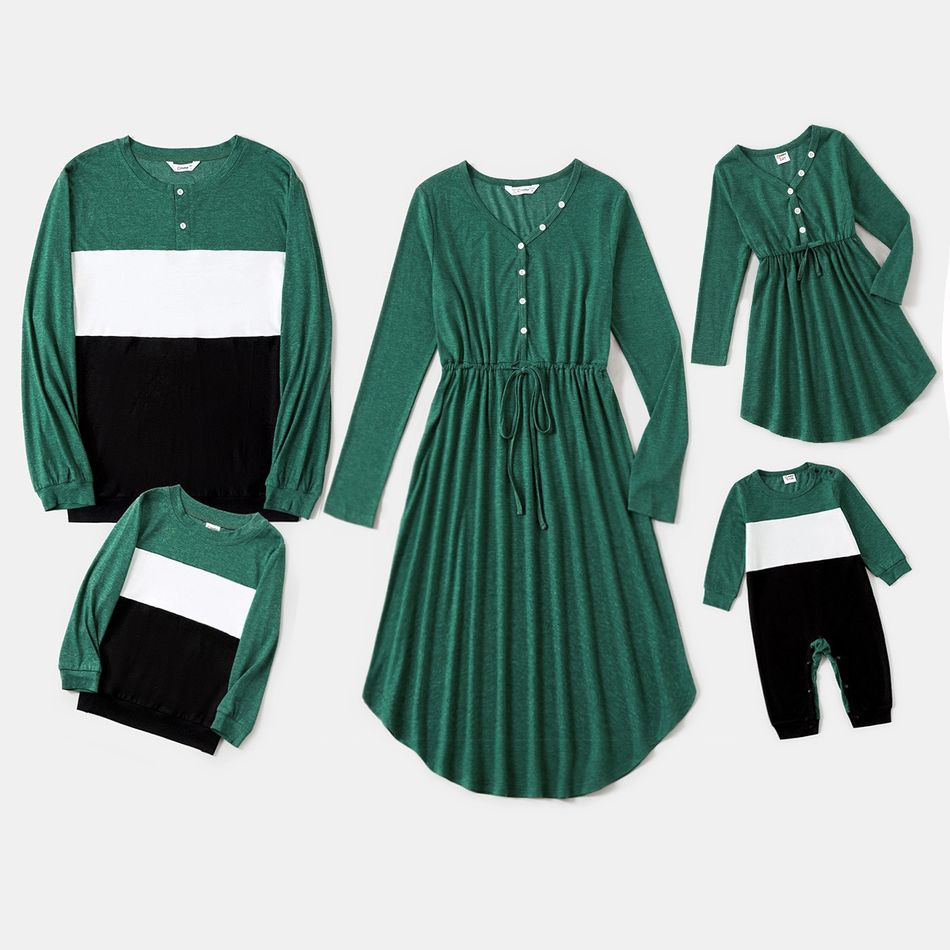Family Matching Green Long-sleeve Drawstring Dresses and Colorblock T-shirts Sets Green big image 1