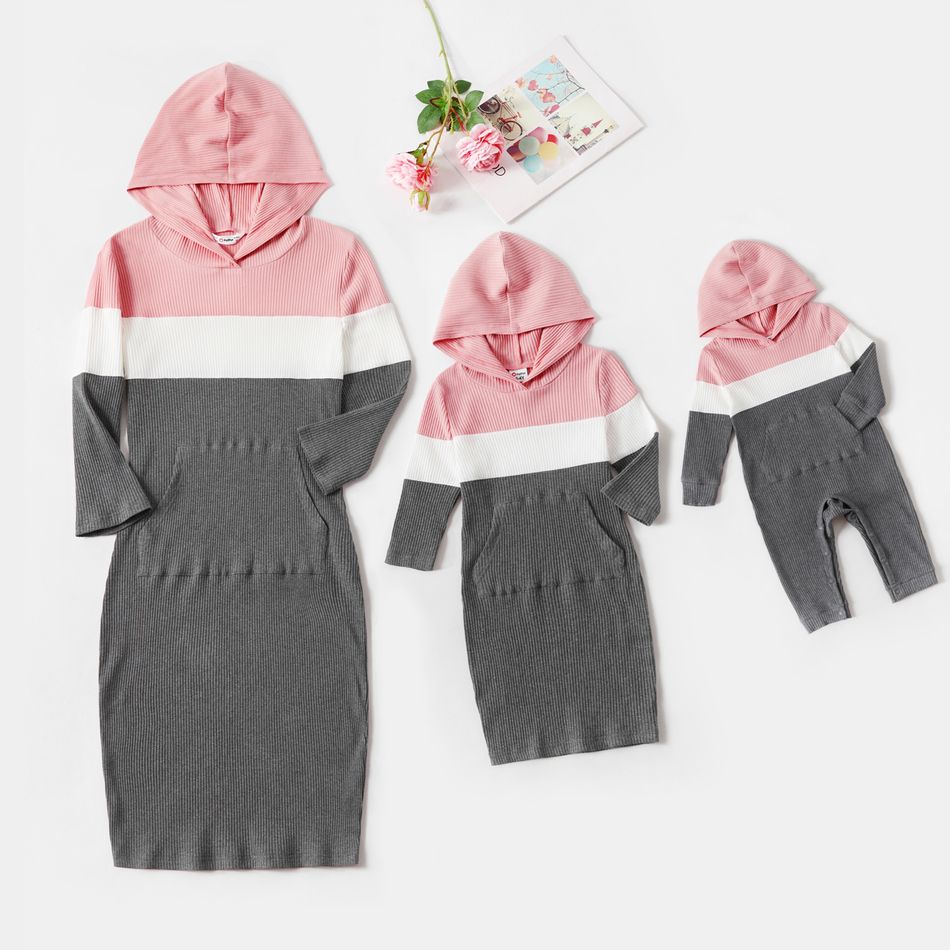 Mommy and Me Colorblock Knitted 3/4 Sleeve Hooded Bodycon Dress Pink