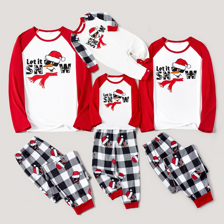 Christmas Family Matching Snowman & Letter Print Red Raglan-sleeve Plaid Pajamas Sets (Flame Resistant) Red big image 1