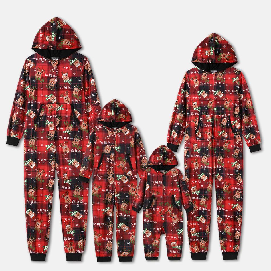 Christmas Family Matching Allover Deer & Letter Print Plaid Long-sleeve Zipper Hooded Onesies Pajamas (Flame Resistant) Red big image 1