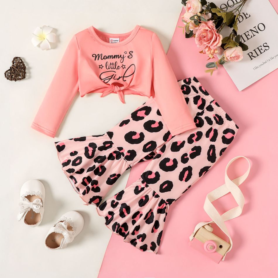 2pcs Baby Girl Letter Print Pink Long-sleeve Knot Crop Top and Leopard Flared Pants Set Pink big image 1