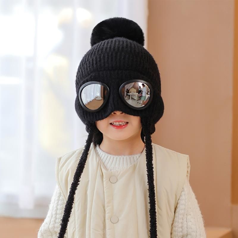 Toddler / Kid Glasses Decor Ear Protection Knitted Beanie Hat Black big image 1