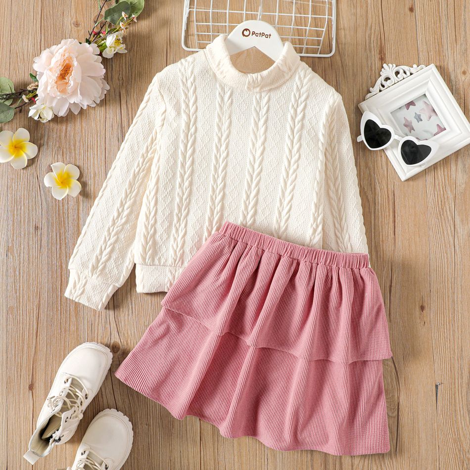 2pcs Kid Girl Turtleneck Textured Sweatshirt and Layered Corduroy Skirt Set ColorBlock big image 2