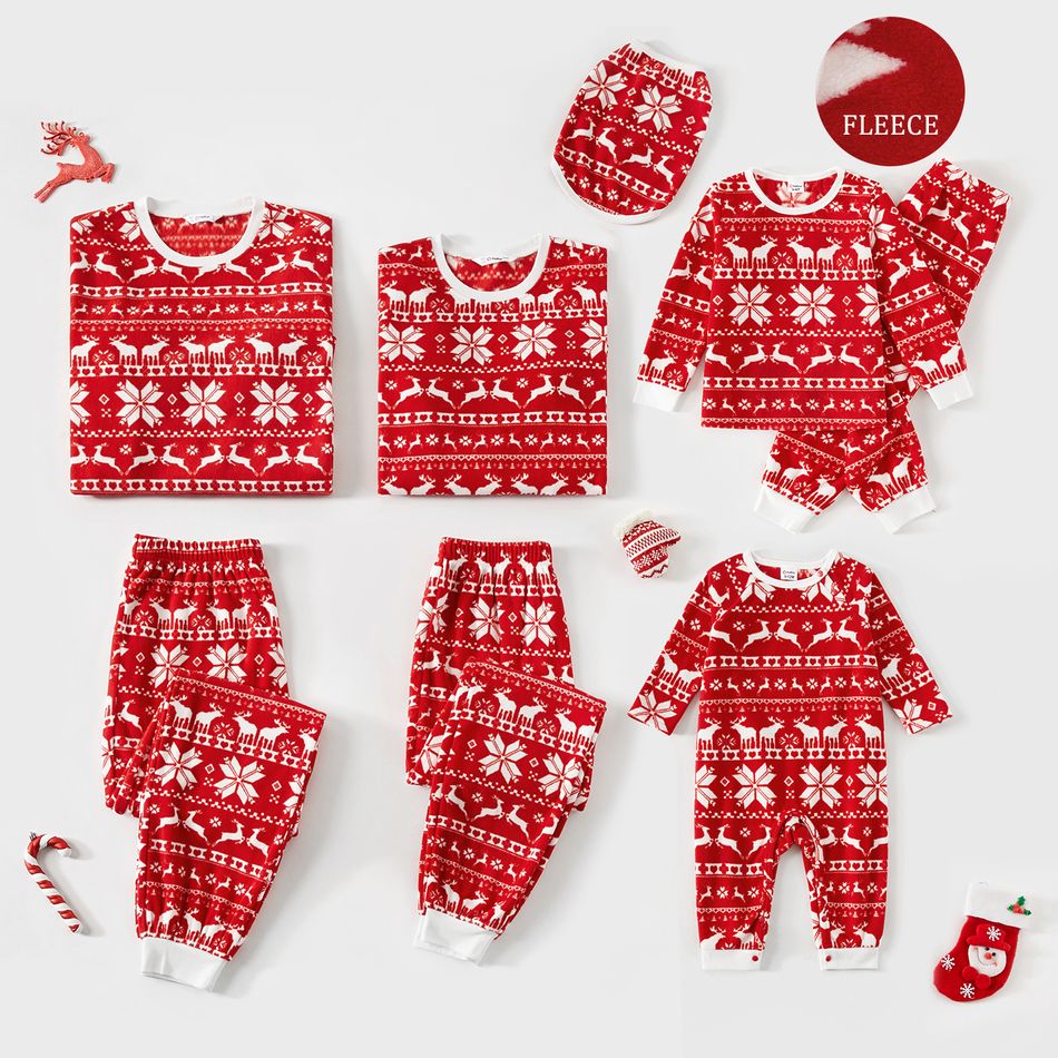 Christmas Family Matching Long-sleeve Allover Deer & Snowflake Print Red Thickened Polar Fleece Pajamas Sets (Flame Resistant) REDWHITE big image 7