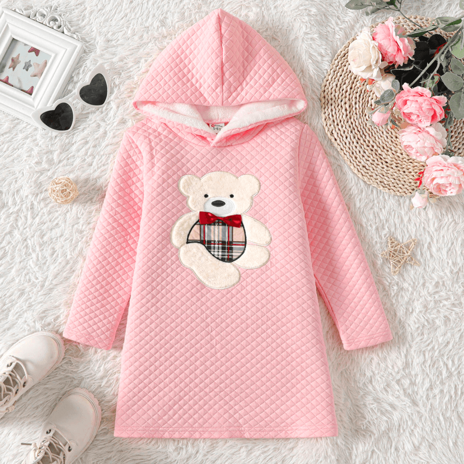 Kid Girl Bear Embroidered Textured Hooded Sweatshirt Dress Pink big image 1
