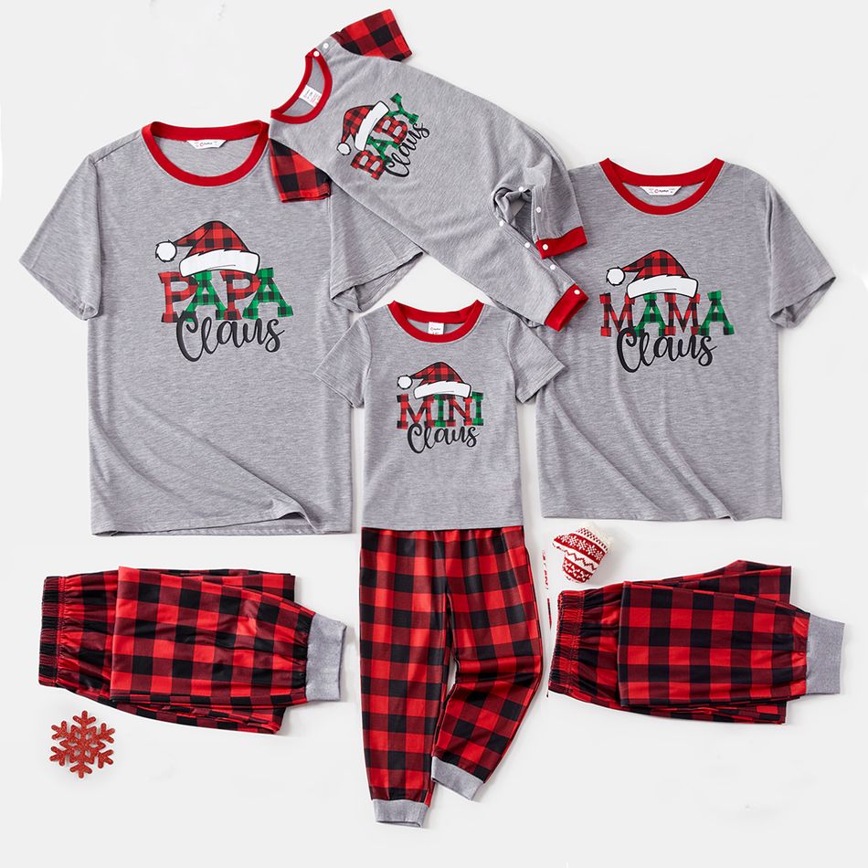 Christmas Family Matching Xmas Hat & Letter Print Grey Short-sleeve Plaid Pajamas Sets (Flame Resistant) Grey big image 2