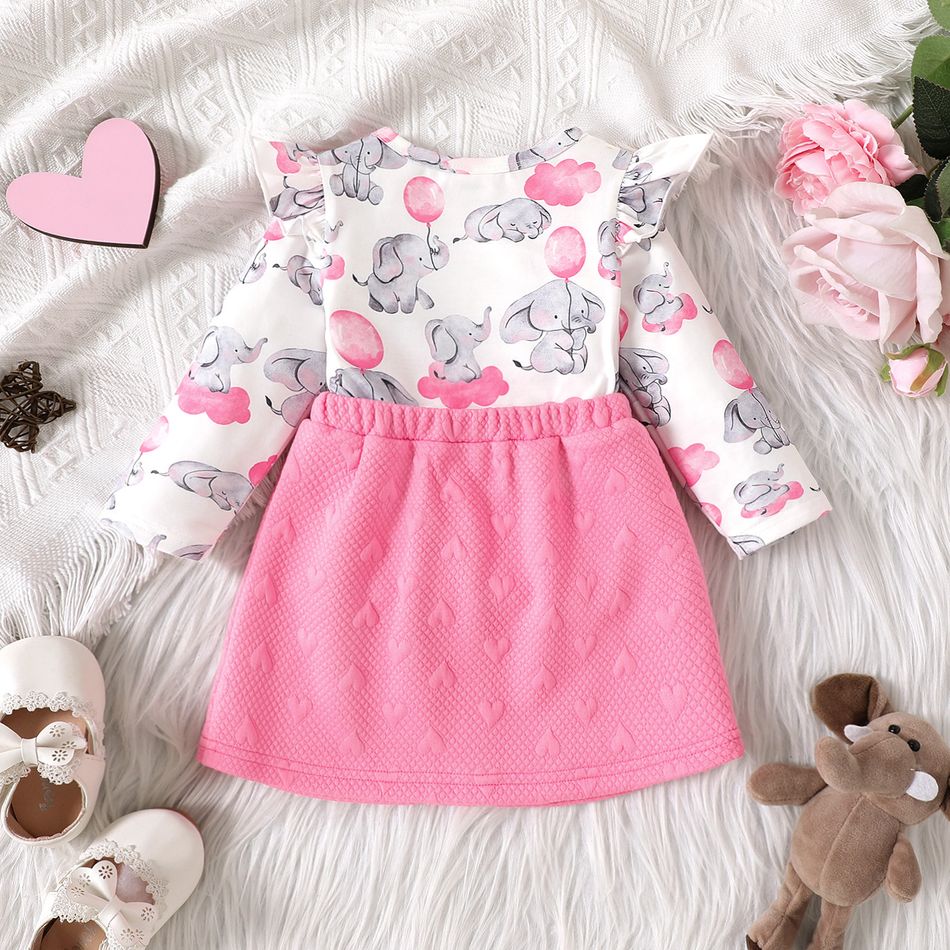 Baby Girl Allover Elephant Print Ruffle Long-sleeve Faux-two Dress PinkyWhite big image 2