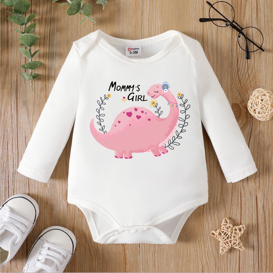 Baby Girl 95% Cotton Long-sleeve Dinosaur & Letter Print White Romper White big image 1