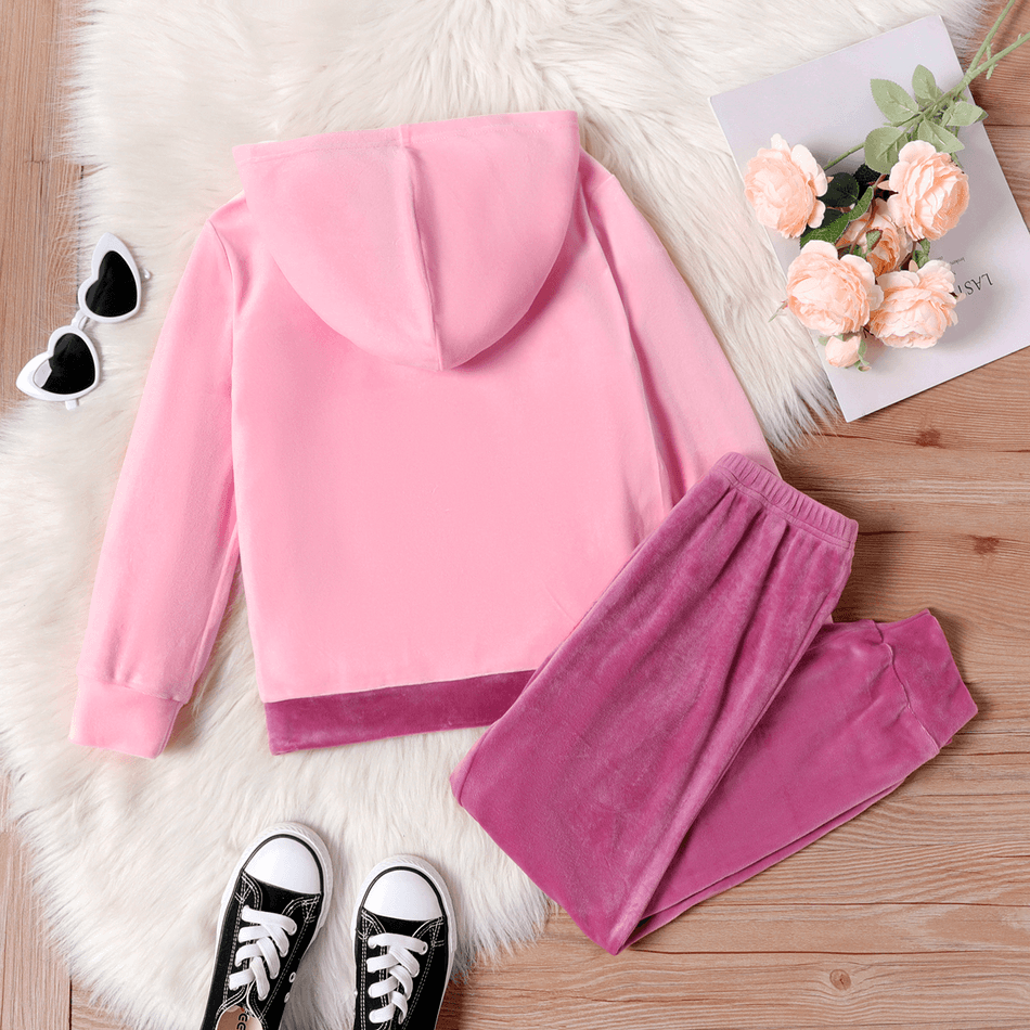 2pcs Kid Girl Colorblock Velvet Hoodie Sweatshirt and Elasticized Pants Set Pink big image 4
