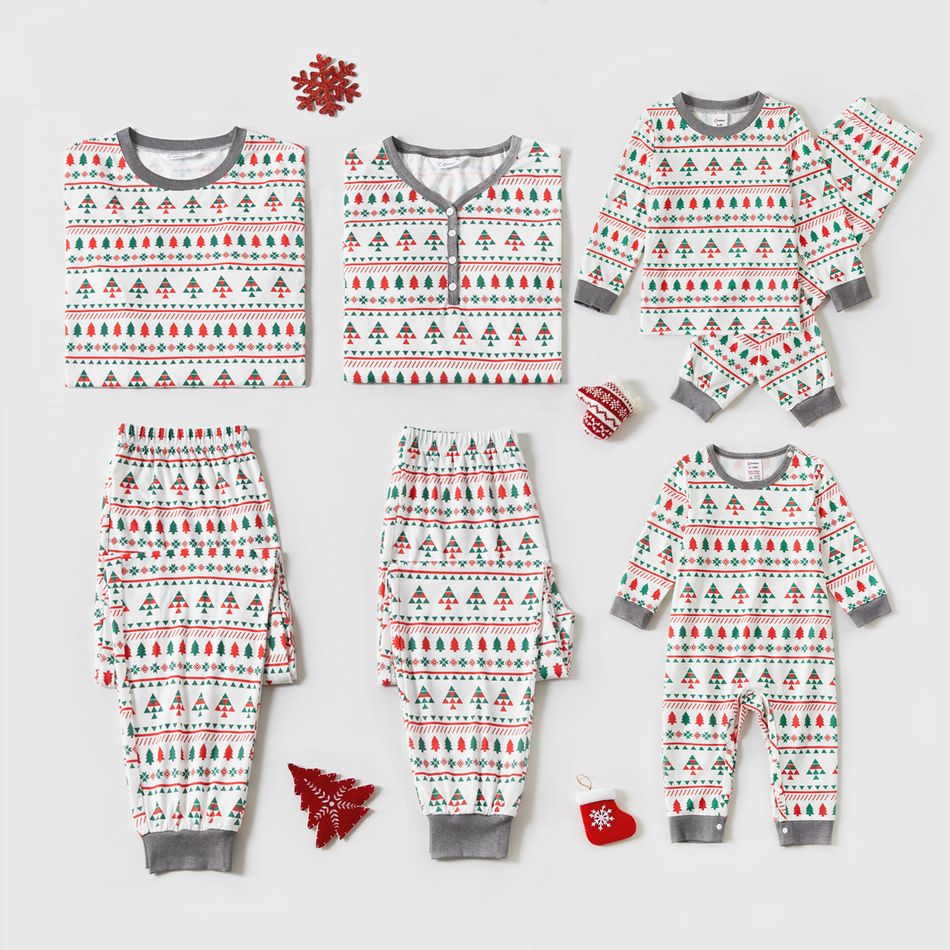 Christmas Family Matching Allover Xmas Tree Print Long-sleeve Pajamas Sets (Flame Resistant) White big image 1