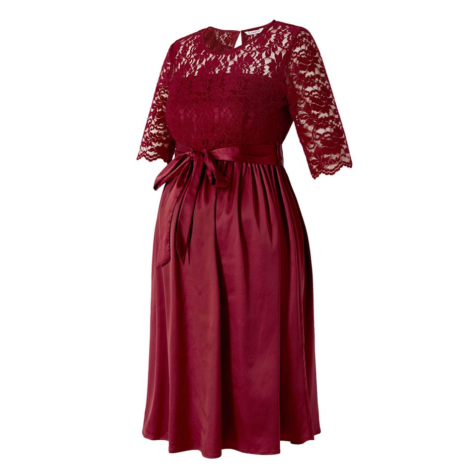 Maternity Guipure Lace Panel Half-sleeve Belted Dress WineRed big image 3