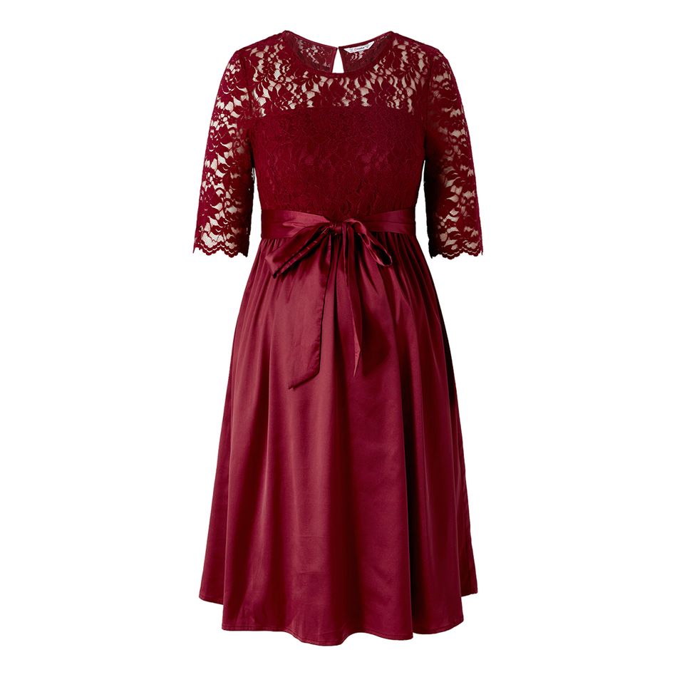 Maternity Guipure Lace Panel Half-sleeve Belted Dress WineRed big image 1