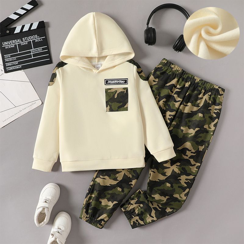 2pcs Kid Boy Camouflage Print Fleece Lined Hoodie Sweatshirt and Elasticized Pants Set LightApricot big image 1