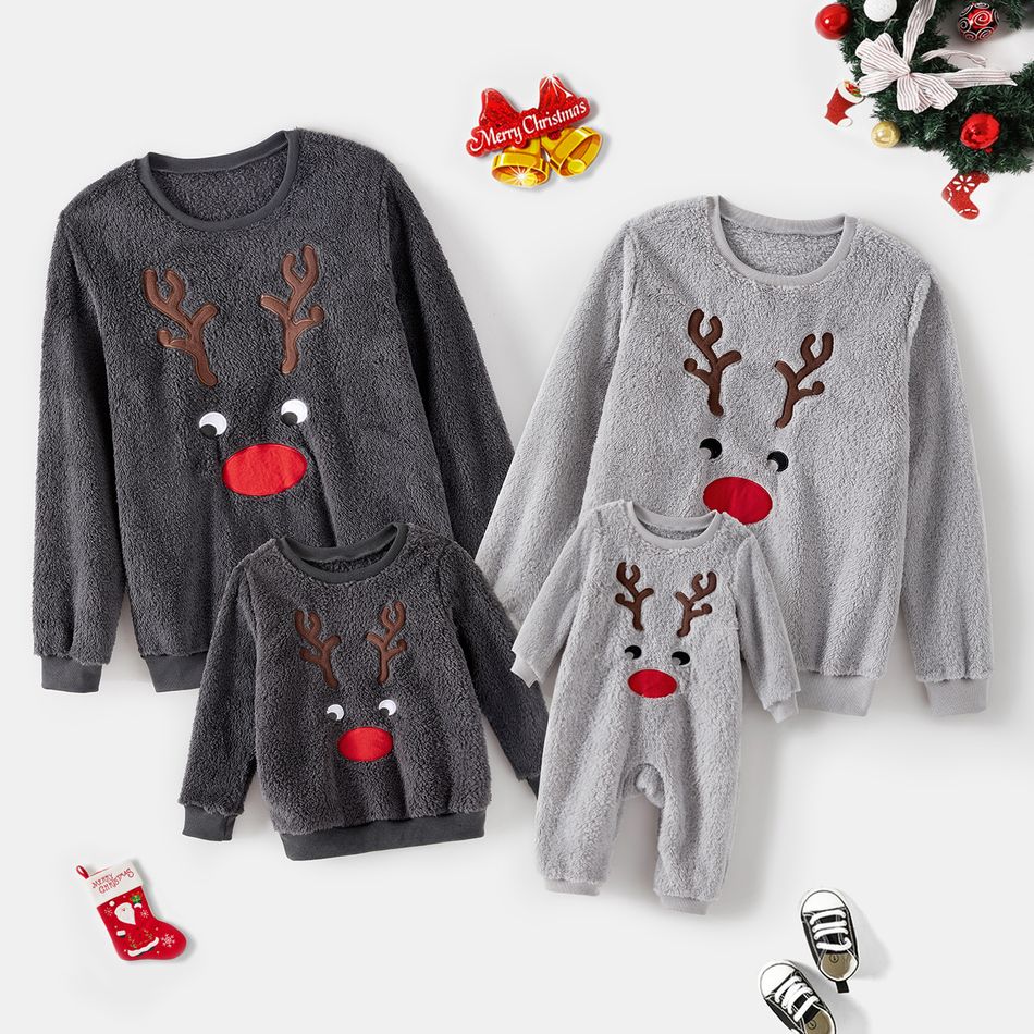 Family Matching Reindeer Embroidered Long-sleeve Fuzzy Pullover Grey