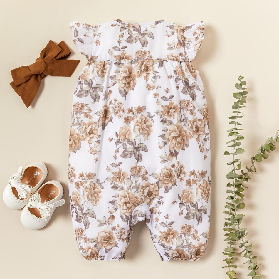 2pcs Baby Girl 100% Cotton Solid/Floral-print Flutter-sleeve Snap Romper with Headband Set White big image 3