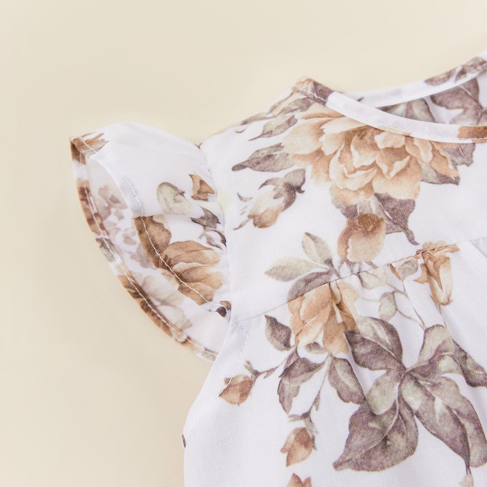 2pcs Baby Girl 100% Cotton Solid/Floral-print Flutter-sleeve Snap Romper with Headband Set White big image 4