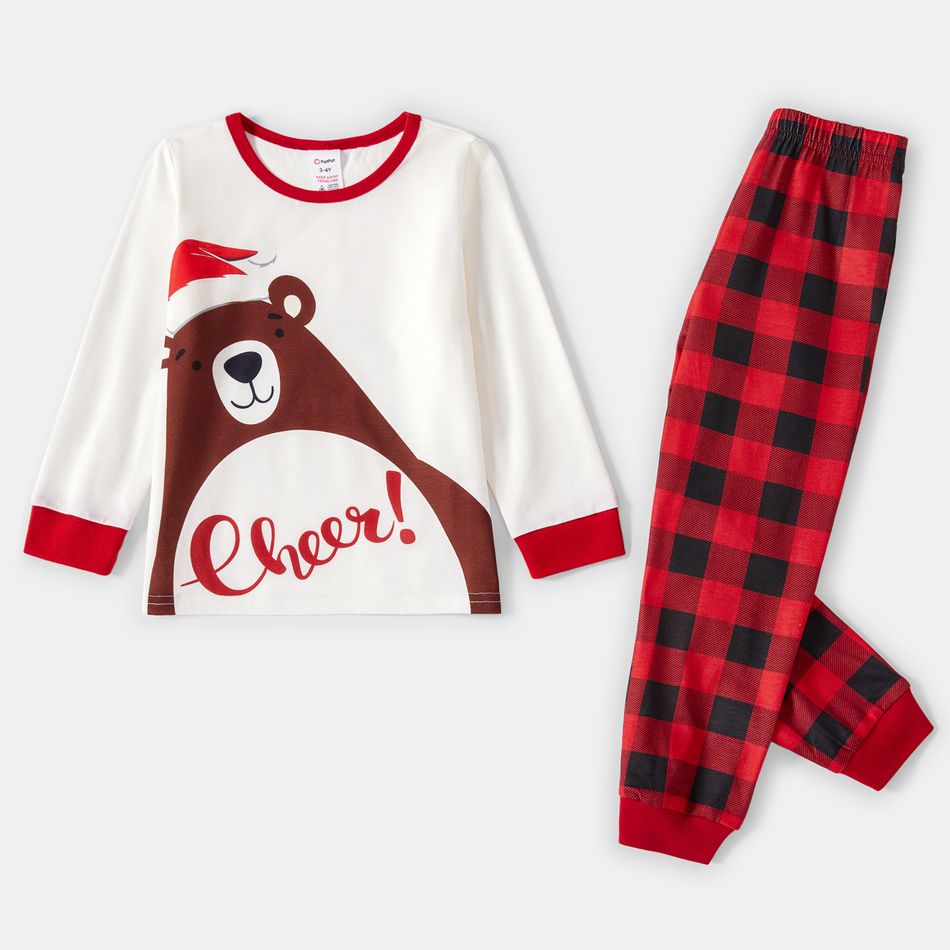 Christmas Family Matching Bear & Letter Print Long-sleeve Red Plaid Pajamas Sets (Flame Resistant) redblack big image 3