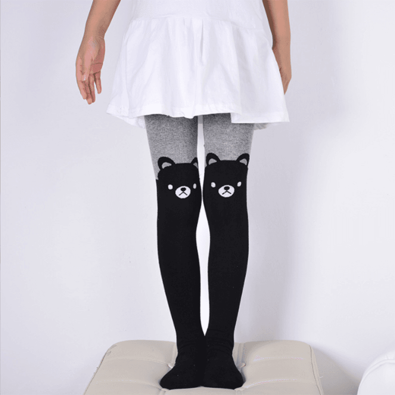 Kid Girl Cat/Bear Print Colorblock Footie Leggings Grey