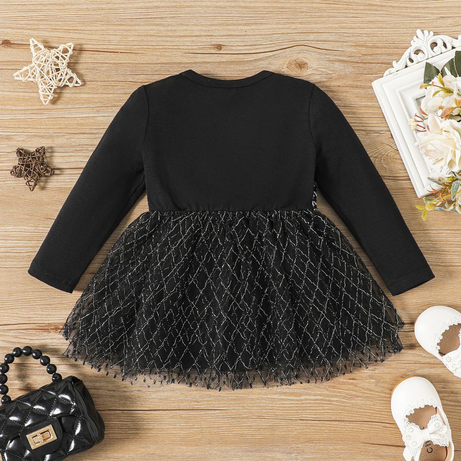 Baby Girl Houndstooth Bow Front Black Long-sleeve Glitter Mesh Dress Black big image 2
