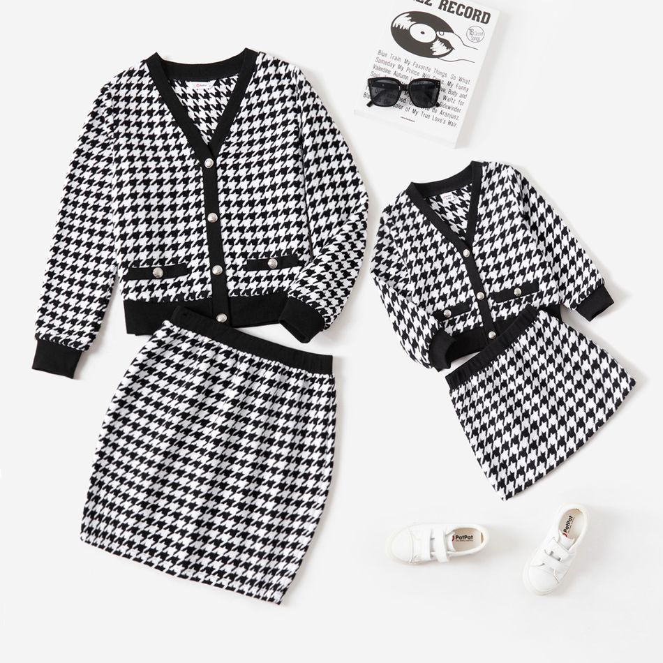 Mommy and Me Black & White Houndstooth Long-sleeve Button Front Cardigan with Skirt Sets BlackandWhite