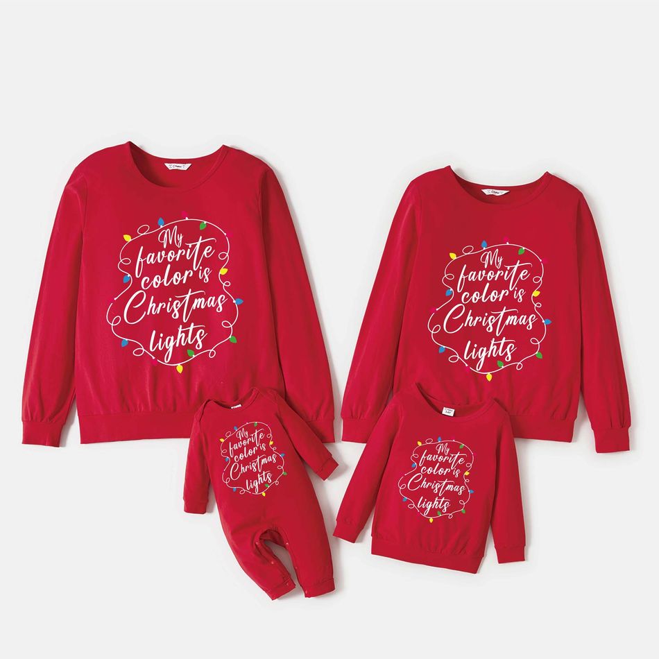 Christmas Family Matching 100% Cotton String Lights & Letter Print Red Sweatshirts Red big image 1