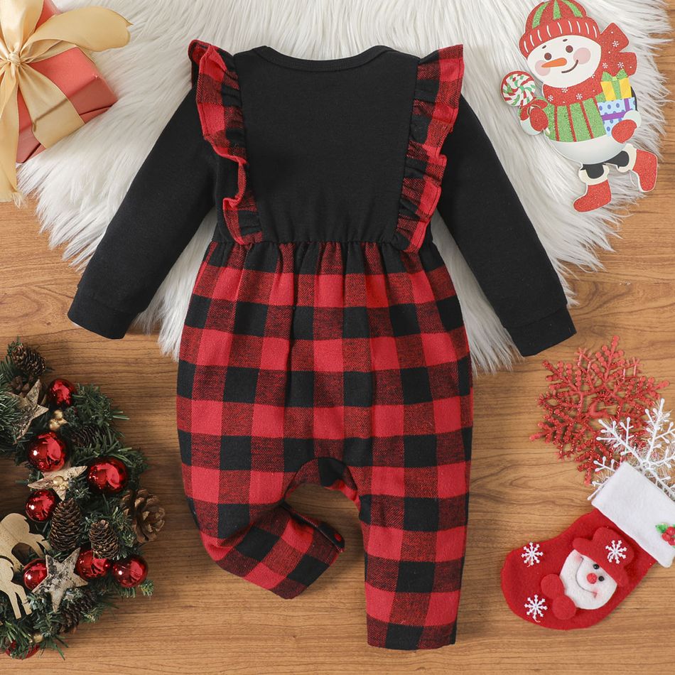 Christmas Baby Girl Red Plaid Ruffle Trim Spliced Xmas Tree & Letter Print Long-sleeve Jumpsuit redblack big image 2