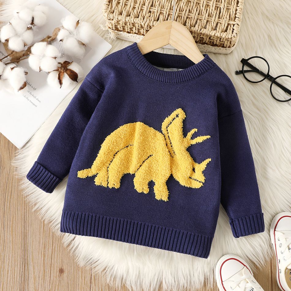 Toddler Boy Playful Dinosaur Embroidered Knit Sweater Dark Blue big image 1