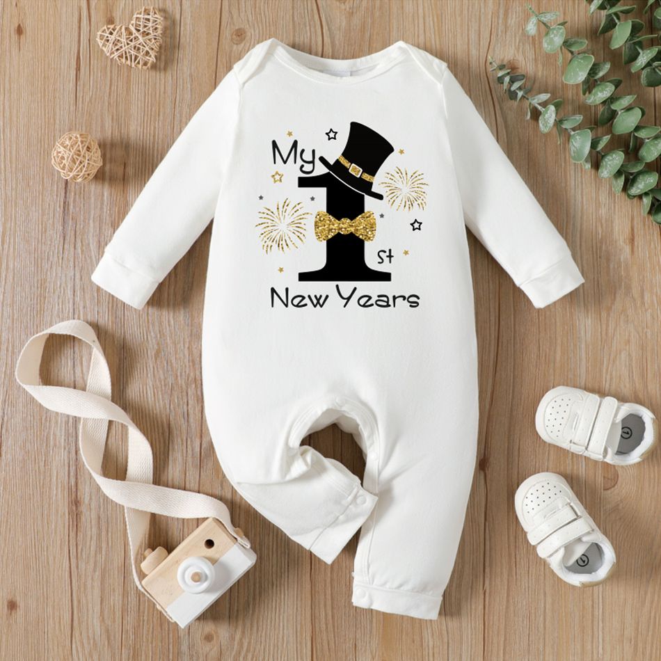 New Year Baby Boy/Girl 95% Cotton Long-sleeve Letter Print Jumpsuit White