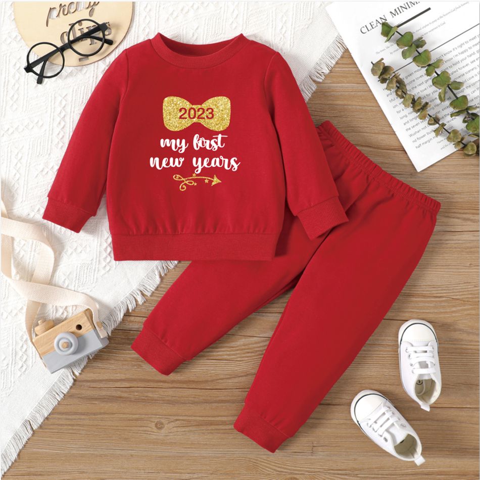 New Year 2pcs Baby Girl Letter Print Red Long-sleeve Sweatshirt and Sweatpants Set Red big image 1