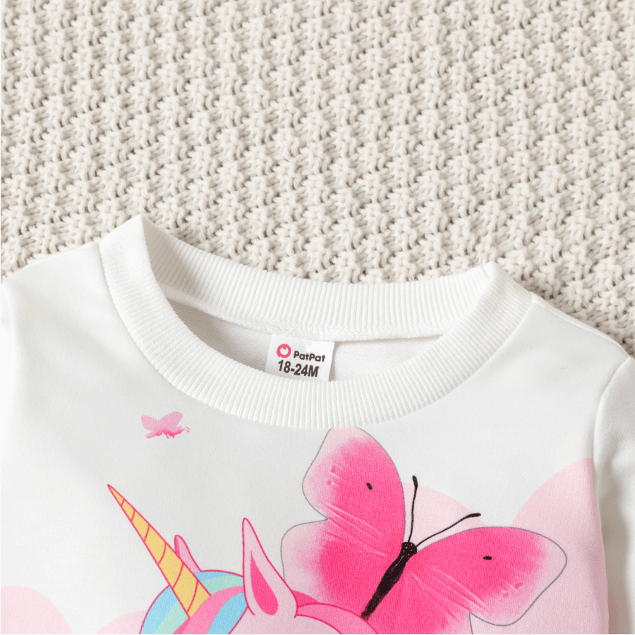 Toddler Girl Sweet Unicorn Butterfly Print Sweatshirt Dress White big image 4