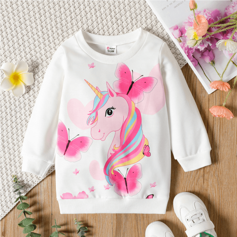 Toddler Girl Sweet Unicorn Butterfly Print Sweatshirt Dress White