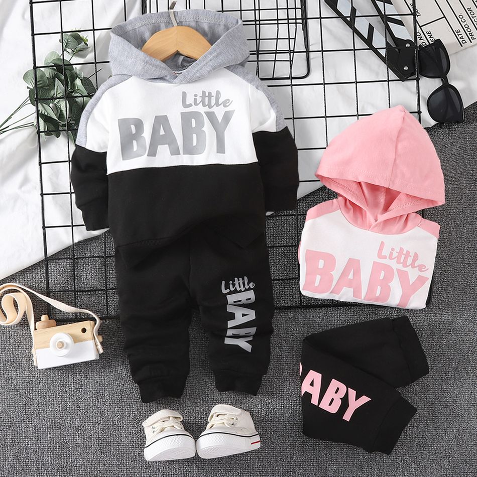 2pcs Baby Boy/Girl Letter Print Colorblock Long-sleeve Hoodie and Sweatpants Set Grey big image 2