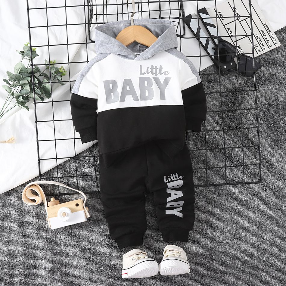 2pcs Baby Boy/Girl Letter Print Colorblock Long-sleeve Hoodie and Sweatpants Set Grey big image 1