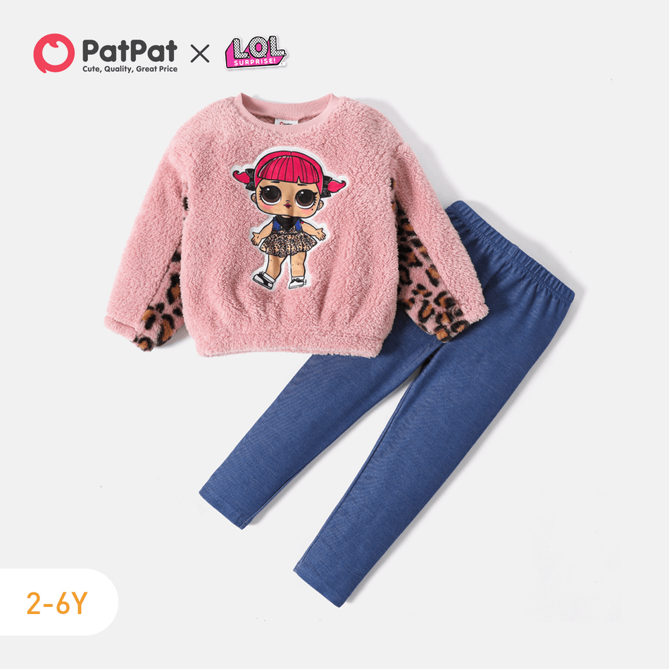 L.O.L. SURPRISE! 2pcs Toddler Girl 100% Cotton Leopard Print Splice Fleece Sweatshirt and Leggings Set Light Pink big image 2