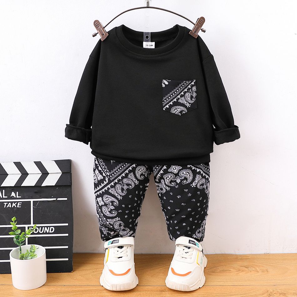 2pcs Kid Boy Pocket Design Black Sweatshirt and Exotic Pants Set Black big image 1