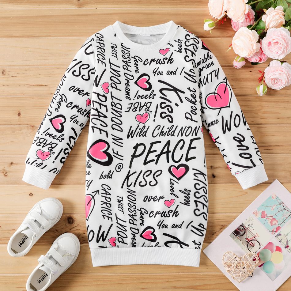 Kid Girl Letter Heart Allover Print Long-sleeve Sweatshirt Dress White