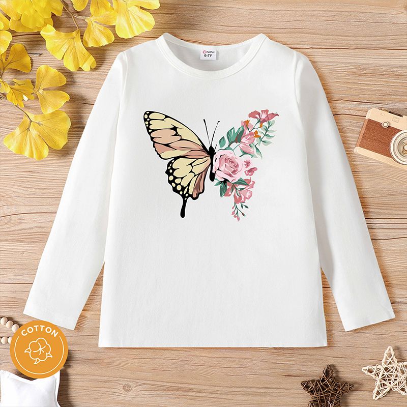Kid Girl Butterfly Floral Print Cotton White Long-sleeve Tee White big image 1
