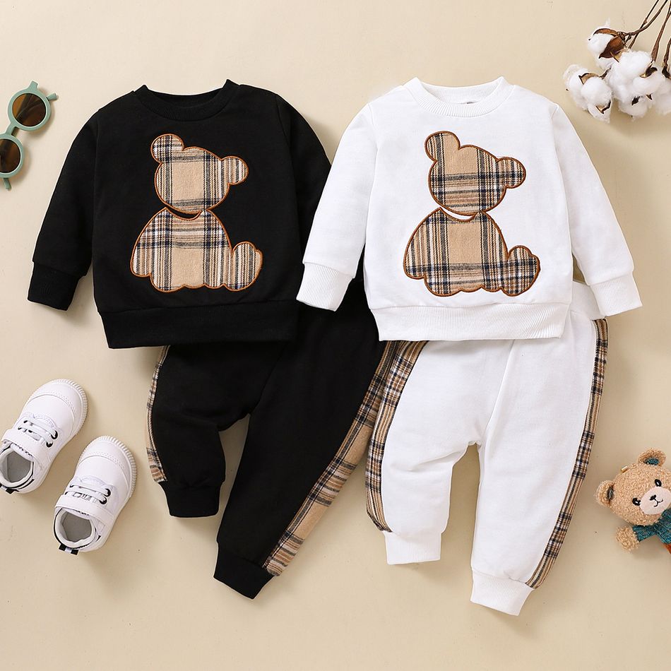 2pcs Baby Boy/Girl Long-sleeve Plaid Print Bear Embroidered Sweatshirt and Sweatpants Set OffWhite big image 10