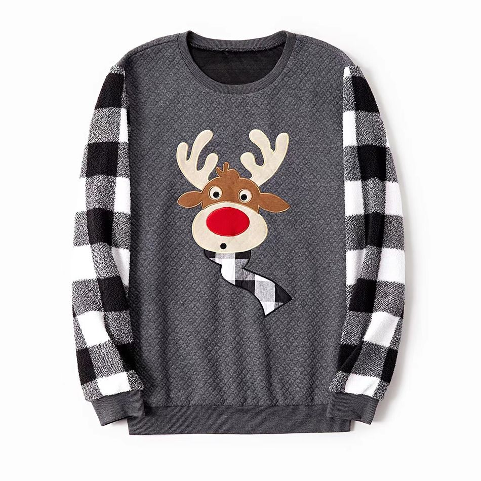Christmas Family Matching Plaid Long-sleeve Spliced Reindeer Graphic Textured Sweatshirts Dark Grey big image 3