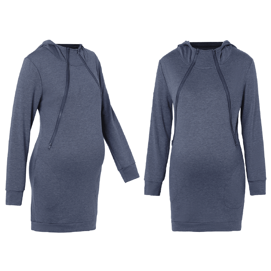 Nursing Minimalist Solid Long-sleeve Zip Up Drawstring Hooded Dress Deep Blue big image 2