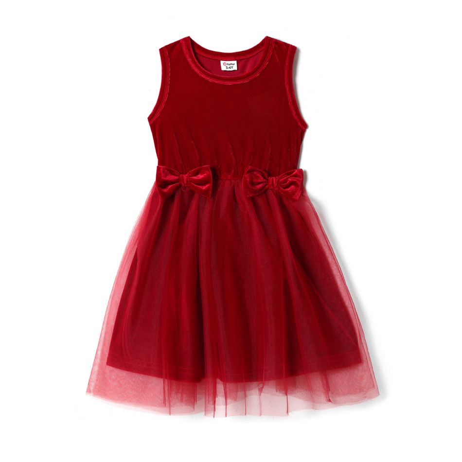 Mommy and Me Red Velvet Drawstring Ruched Spaghetti Strap Bodycon/Mesh Dresses WineRed big image 5