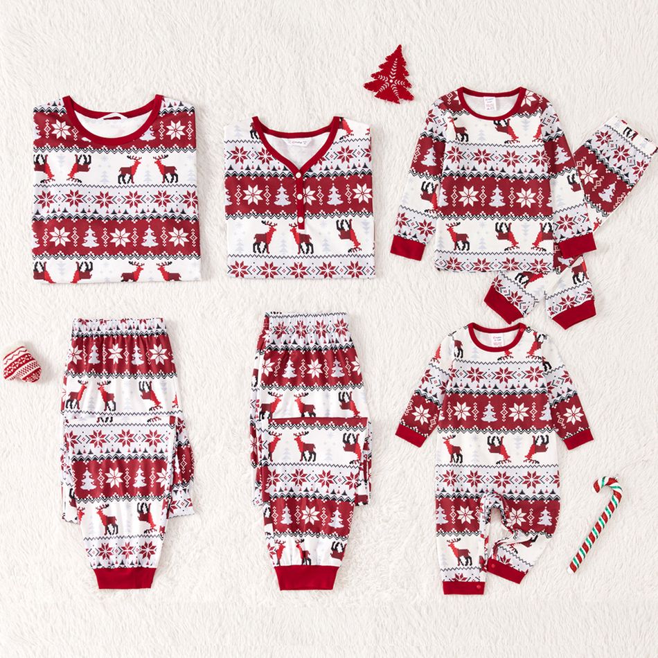 Christmas Family Matching Allover Red Print Long-sleeve Pajamas Sets (Flame Resistant) Burgundy big image 1