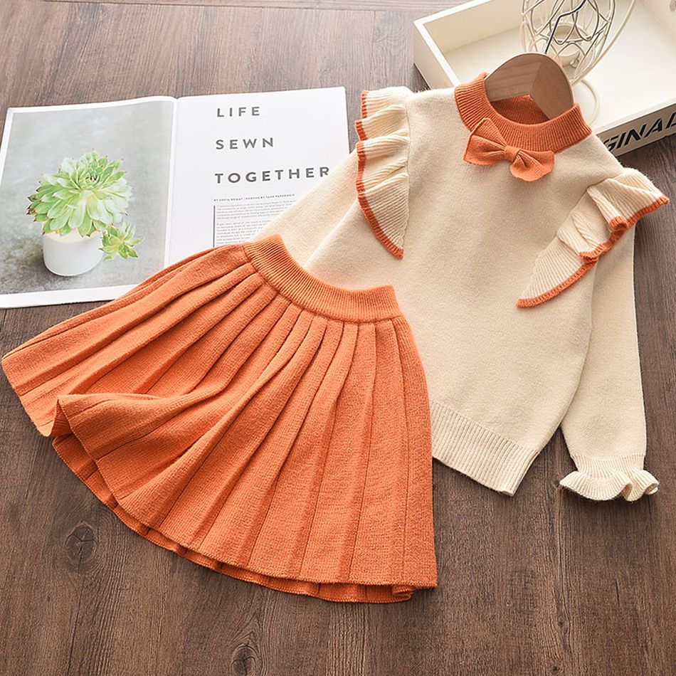 2pcs Baby Girl Bow Front Ruffle Trim Long-sleeve Knitted Sweater and Pleated Skirt Set Orange big image 2